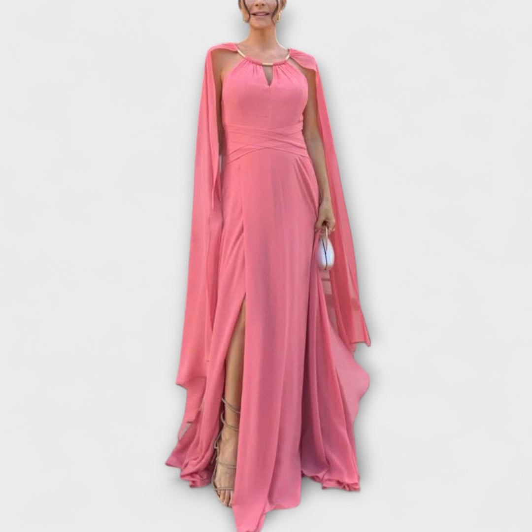 Mabel - Elegantní maxi šaty s pláštěm a vysokým rozparkem