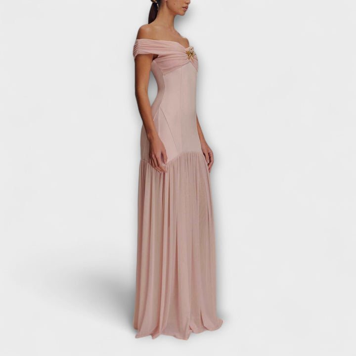 Maelie - Elegantní bezramínková bodycon maxi šaty s květinovými ozdobami