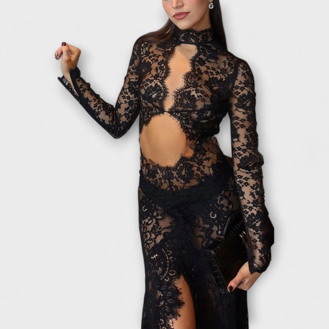 Azalea - Midnight Elegance Transparentní Výřez Dlouhý Rukáv Stretch Maxi Šaty