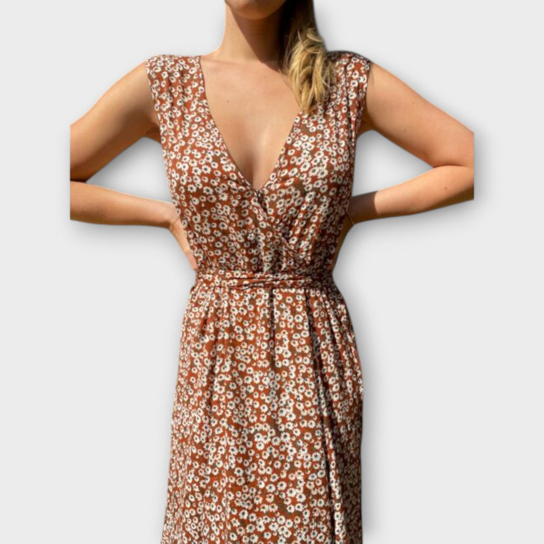 Gita - Letné maxi šaty bez rukávov s kvetinovou potlačou v boho štýle