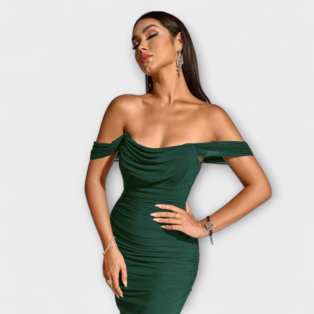 Ione - Šaty Bodycon s odhalenými rameny a řasením
