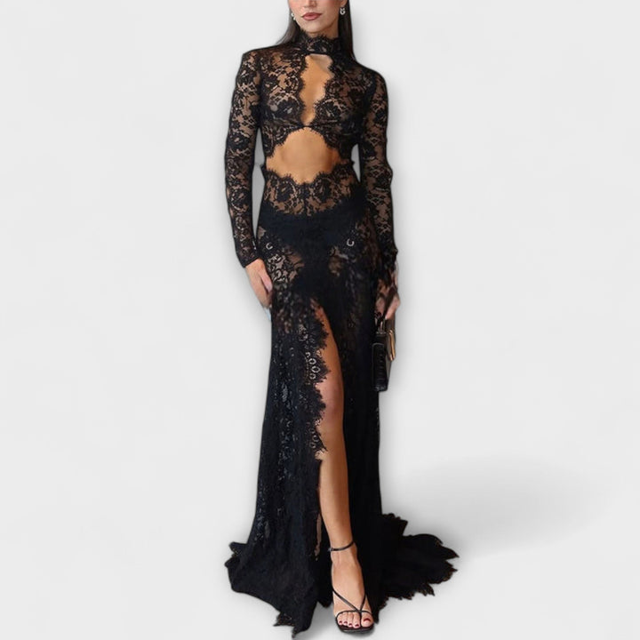 Azalea - Midnight Elegance Transparentní Výřez Dlouhý Rukáv Stretch Maxi Šaty